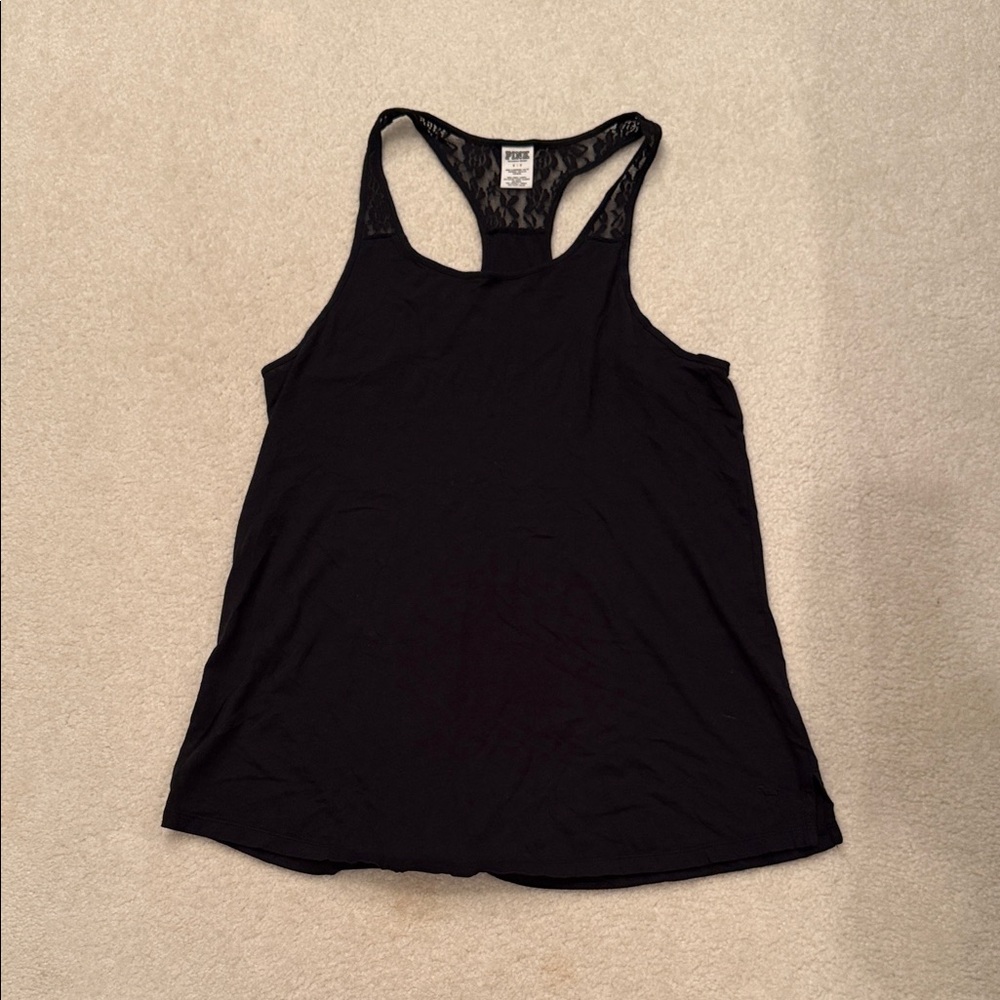 PINK Victoria's Secret Black Lace Racerback Tank Top Tunic Work Out 60% Cotton